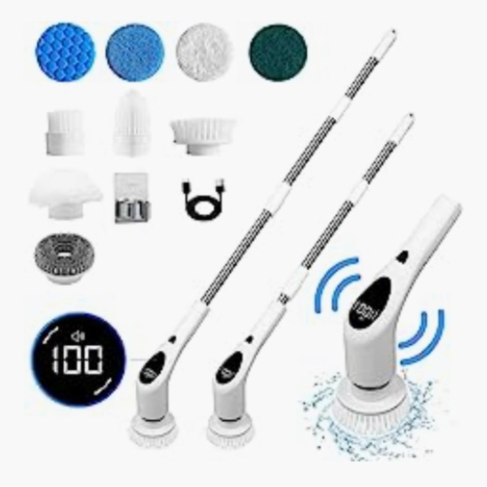 Cordless LED Electric Spin Scrubber/ Voice Prompt/ 3 Speeds/ Extension Arm/ IPX7